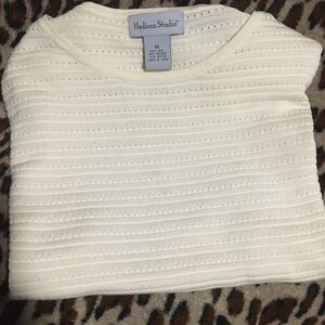 Madison Studio Silk Blend Shirt Top Beige Tan Ivory Cream Short Sleeve Medium